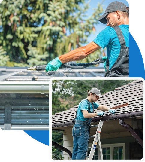 Man cleaning roof gutters with equipment.